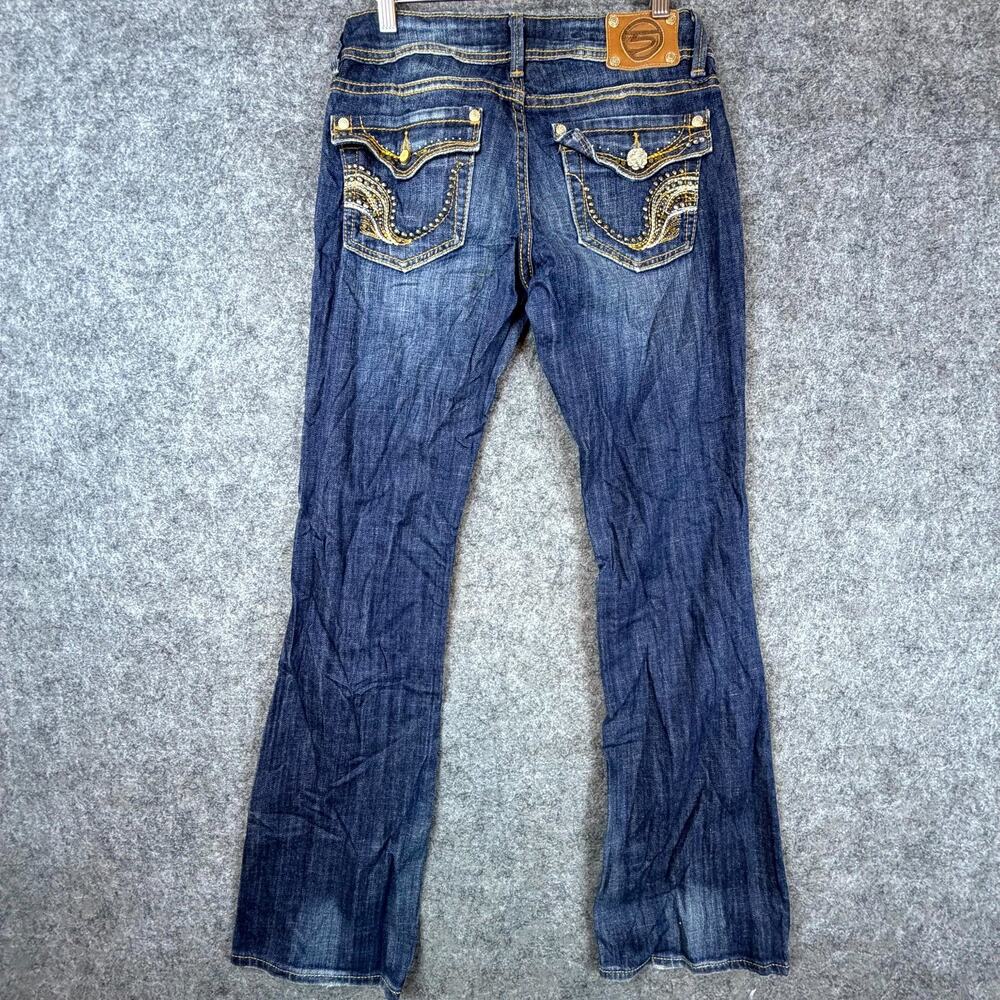 Studio 5 Bootcut Jeans Womens 3 Blue Y2K Flap Pocket Studded Embroidered Stretch